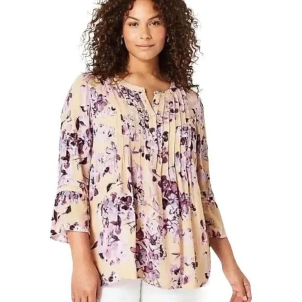 J. Jill Bell Sleeve Pintucked Floral Blouse Purple Peach Size Small